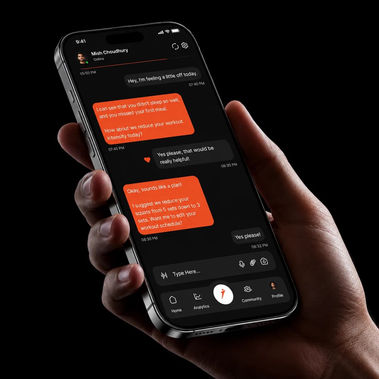Hand holding a phone showing the AI guidance chat in the Icon Training app