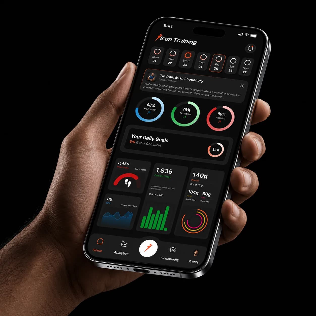 Hand holding a phone showing the progress tracking dashboard in the Icon Training app